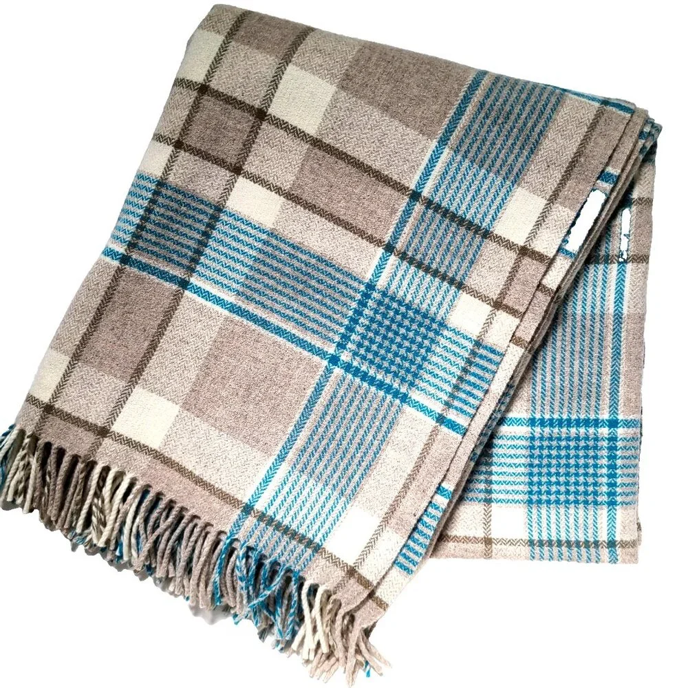 Pendleton Home Collection Tan Turquoise Blue Creme Plaid Wool Throw Blanket - Picture 1 of 7